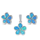 Blue Opal Flower Earrings & Pendant Set .925 Sterling Silver