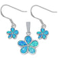 Blue Opal Flower Earrings & Pendant Set .925 Sterling Silver Earrings Set