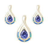 Yellow Gold Plated Pear Shape Tanzanite & Blue Opal Earring & Pendant .925 Sterling Silver Set