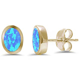 Yellow Gold Plated Oval Shape Bezel Blue Opal .925 Sterling Silver Earrings