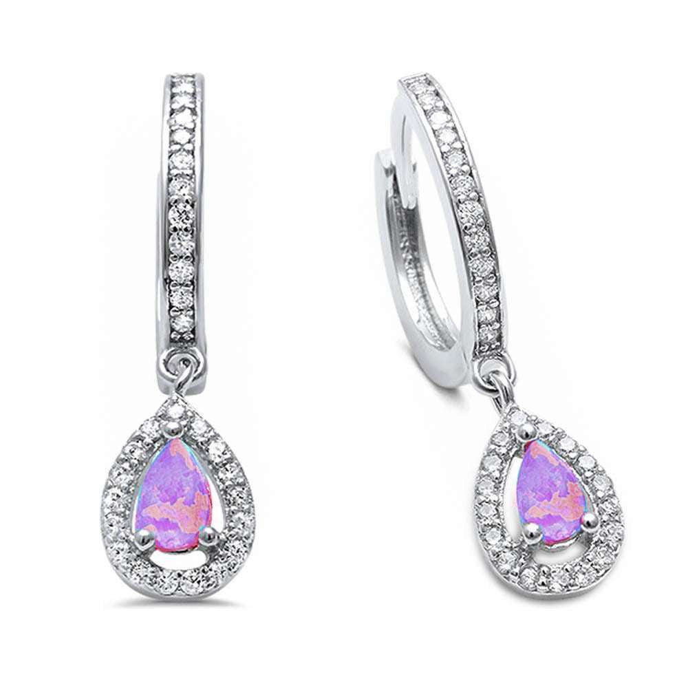 Pink Opal & Cz Hoop Dangle .925 Sterling Silver Earrings