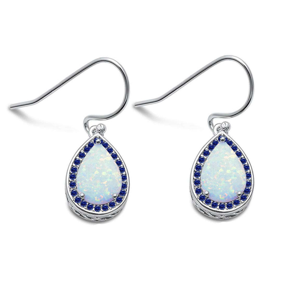 Pear Shape White Opal & Blue Sapphire Cubic Zirconia .925 Sterling Silver Earrings