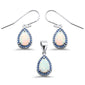 Pear Shape White Opal & Blue Sapphire Cubic Zirconia .925 Sterling Silver Earring & Pendant Set