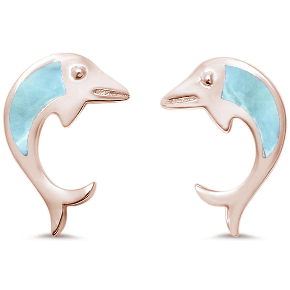 Rose Gold Plated Natural Larimar Dolphin .925 Sterling Silver Earrings