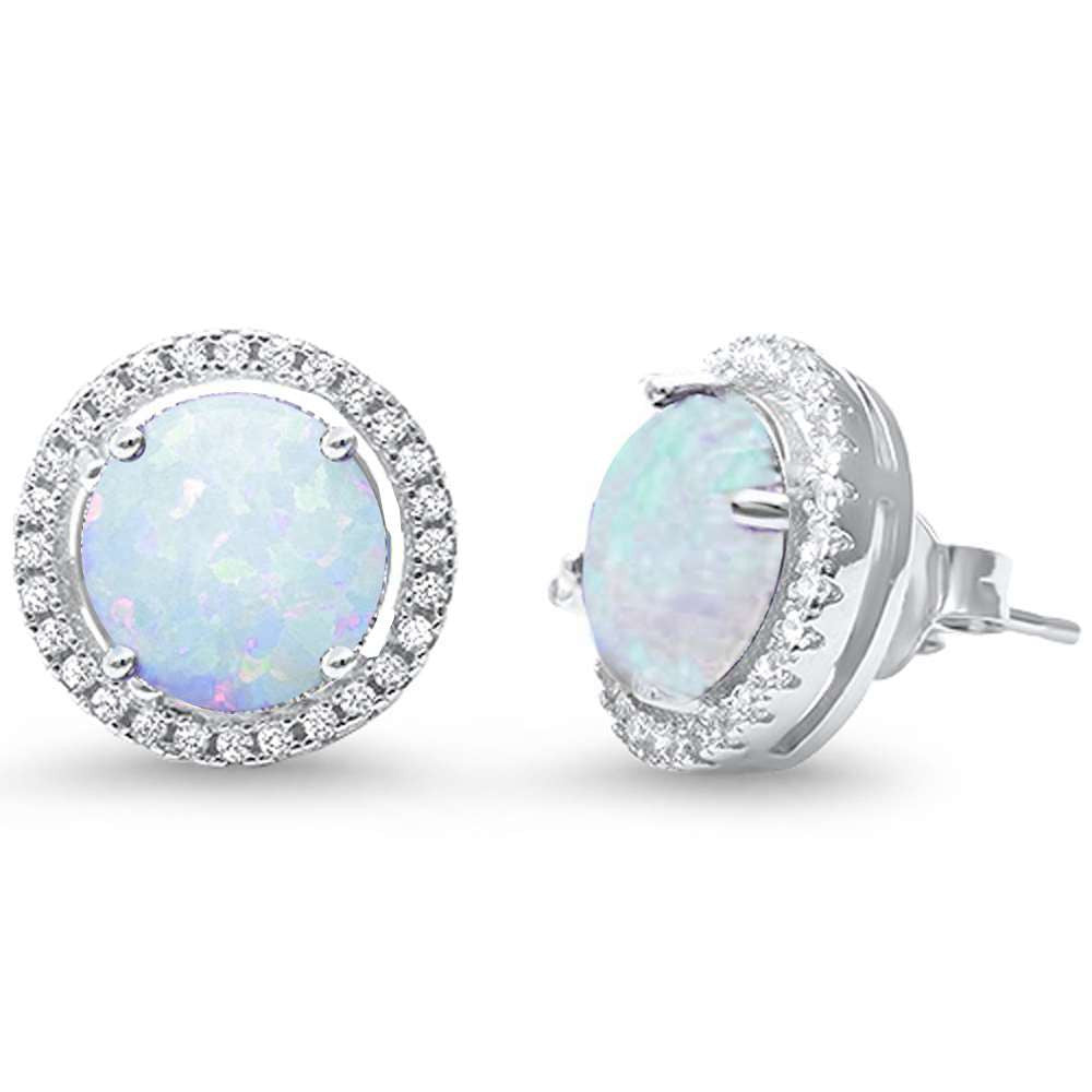 Halo Lab Created White Opal  .925 Sterling Silver Earrings