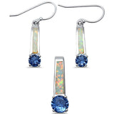 Dangling White Opal & Tanzanite Cubic Zirconia Set .925 Sterling Silver Pendant & Earring Set