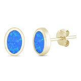 Yellow Gold Plated Blue Opal Oval Shape .925 Sterling Silver Earrings