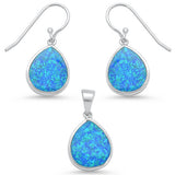 Blue Opal Pear Shape Dangling Earring & Pendanr .925 Sterling Silver Set