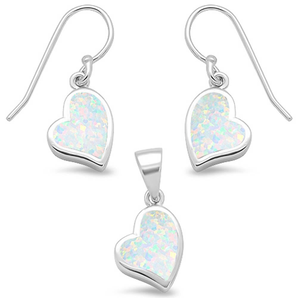 White Opal Heart Shape Dangle Earring & Pendant .925 Sterling Silver Set