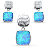  Blue Opal Princess Cut Top & Bottom Dangle Earring & Pendant .925 Sterling Silver Set
