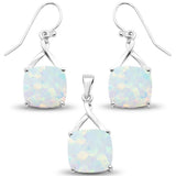 White Opal Cushion Dangle Earring & Pendant .925 Sterling Silver Set