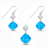 Pincess Cut Blue Opal & CZ Earring & Pendant .925 Sterling Silver Set