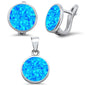 Blue Opal Round Earring & Pendant .925 Sterling Silver Set