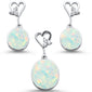 Oval White Opal & Cz with Heart Shape Dangle Earring & Pendant .925 Sterling Silver Set
