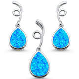 Blue Opal Pear Shape Spiral Dangle Earring & Pendant .925 Sterling Silver Set
