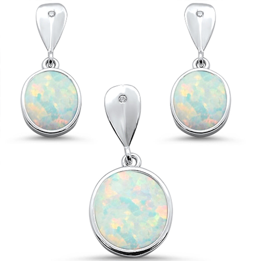 White Opal Oval Dangle Earring & Pendant .925 Sterling Silver Set