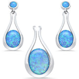 Blue Opal Oval Tear Drop Dangle Earring & Pendant .925 Sterling Silver Set