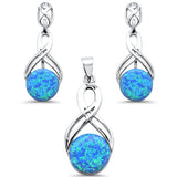 Round Blue Opal Infinity Drop Dangle Earring & Pendant .925 Sterling Silver Set