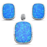 Rectangle Blue Opal Earring & Pendant .925 Sterling Silver Set