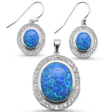 Blue Opal & Cubic Zirconia Oval .925 Sterling Silver Earrings & Pendant Set