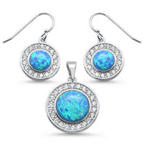 <span>CLOSEOUT! </span>Round Blue Opal & Cubic Zirconia  .925 Sterling Silver Earrings & Pendant Set