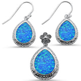 Pear Shape Blue Opal Flower .925 Sterling Silver Earrings & Pendant Set
