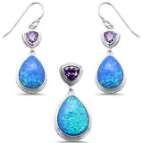 <span>CLOSEOUT! </span>Pear Shape Blue Opal & Amethyst .925 Sterling Silver Pendant & Earring Set