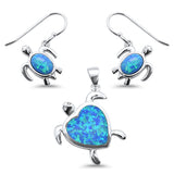 <span>CLOSEOUT! </span>Blue Opal Heart & Turtle .925 Sterling Silver Pendant & Earrings Set