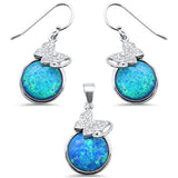 Round Blue Opal & CZ .925 Sterling Silver Pendant & Earring Set