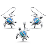 Blue Opal & Cubic Zirconia Turtle .925 Sterling Silver Pendant & Earring Set