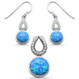 Blue Opal & Cubic Zirconia Dangling .925 Sterling Silver Earrings & Pendant Set