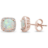 Rose Gold Plated Cushion Cut White Opal & CZ .925 Sterling Silver Earrings