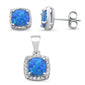 Cushion Cut Blue Opal & Cubic Zirconia .925 Sterling Silver Pendant & Earring Set