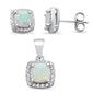 Cushion Cut White Opal & Cubic Zirconia .925 Sterling Silver Pendant & Earring Set