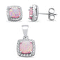 Cushion Cut Pink Opal & Cubic Zirconia .925 Sterling Silver Pendant & Earring Set