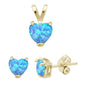 Yellow Gold Plated Blue Opal Heart Earring & Pendant .925 Sterling Silver Set