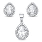 Pear Tear Drop Halo Solitaire .925 Sterling Silver Earring and Pendant Set