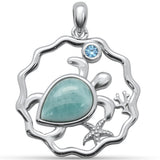 Pear Shaped Natural Larimar Turtle & Aquamarine CZ .925 Steling Silver Pendant