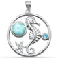 Round Natural Larimar Seahorse, Starfish & Aquamarine CZ .925 Steling Silver Pendant