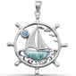 Natural Larimar Sailboat & Aquamarine CZ .925 Steling Silver Pendant