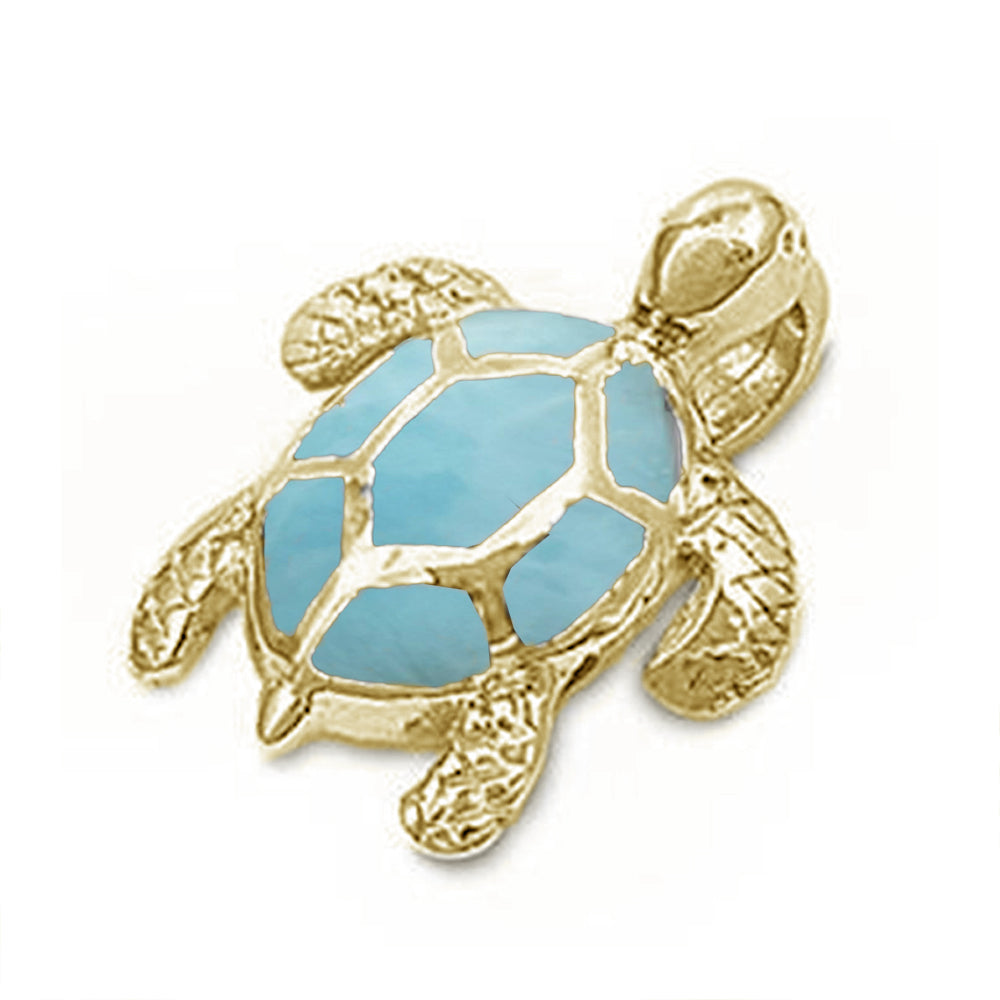 Yellow Gold Plated Natural Larimar Sea Turtle Pendant .925 Sterling Silver