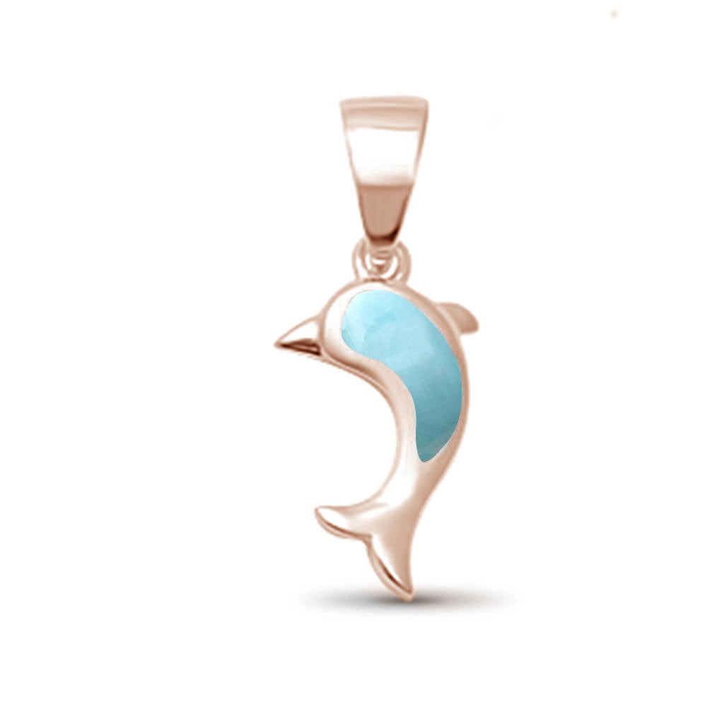 Rose Gold Plated Natural Larimar Dolphin .925 Sterling Silver Pendant