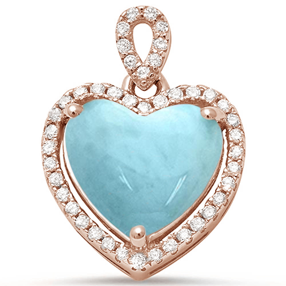 Rose Gold Plated Natural Larimar & Cz Heart Charm .925 Sterling Silver Pendant