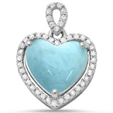 Natural Larimar & Cz Heart Charm .925 Sterling Silver Pendant