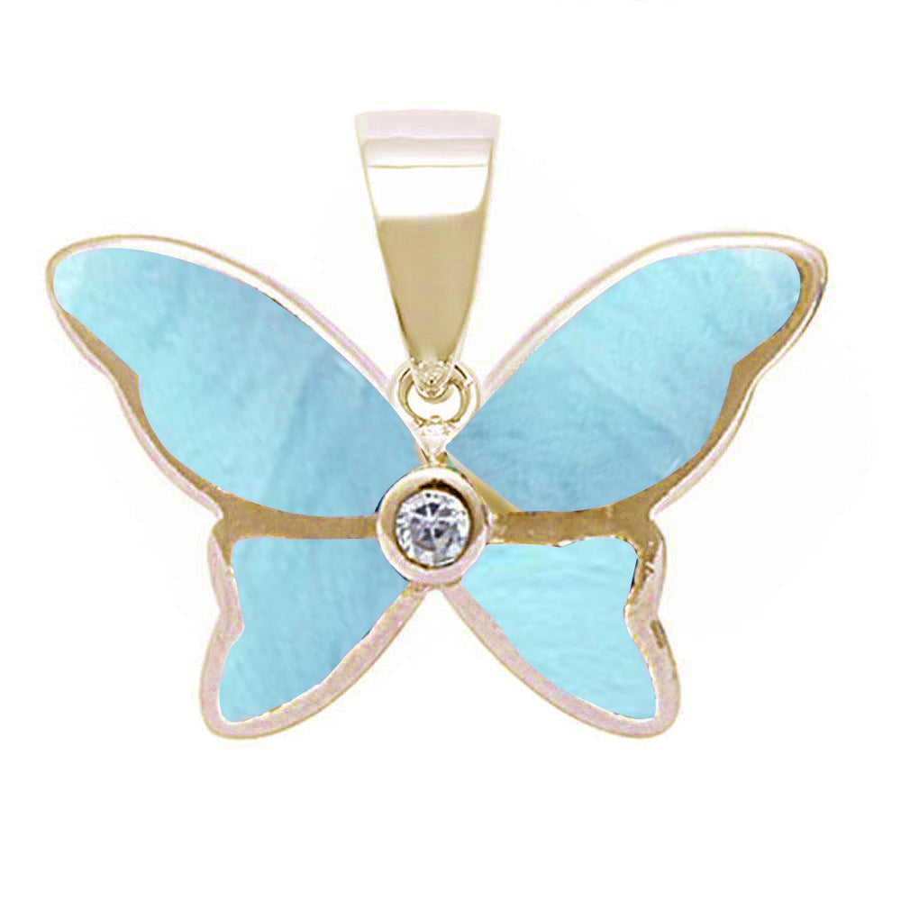 Yellow Gold Plated Natural Larimar Butterfly .925 Sterling Silver Pendant