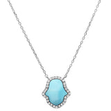 Natural Larimar Hand of Hamsa .925 Sterling Silver Pendant Necklace 16"+1" Ext.