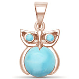 Rose Gold Plated Natural Larimar Whimsical Owl .925 Sterling Silver Pendant