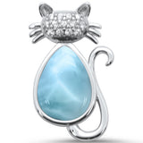 Natural Larimar & Cz Cat .925 Sterling Silver Pendant