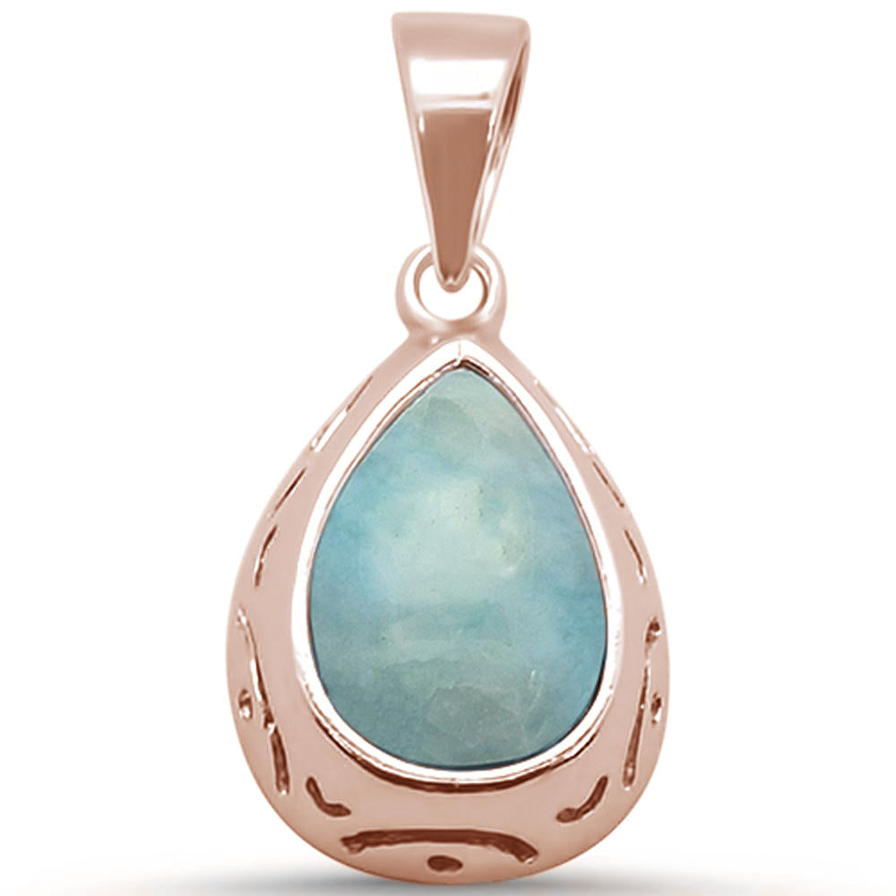 Rose Gold Plated Pear Shaped Natural Larimar Teardrop Halo .925 Sterling Silver Pendant