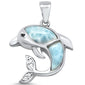 Natural Larimar Dolphin & Cz .925 Sterling Silver Charm Pendant